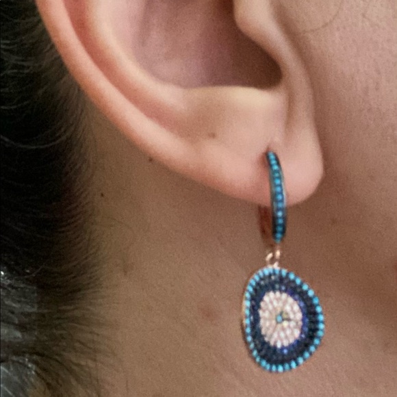 🧿 925 Silver earrings cz fancy evil eye hoop - Picture 2 of 5